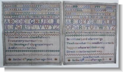 Pair of samplers by MARY & JANE DURRANT 1864 WISETT SUFFOLK 